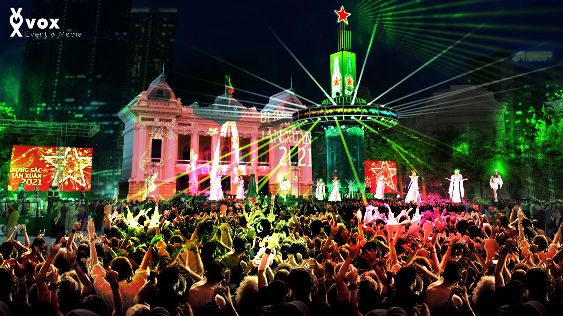 Heineken Countdown 2019 – concept sân khấu 360, ánh sáng, laser và visual countdown ngoài trời